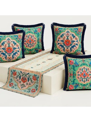 Sunum Luxe Oriental Bloom Çiçek Desenli Runner + 4’lü Kırlent Kılıfı Kombin Seti
