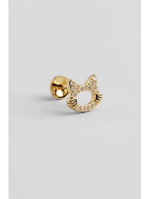 So CHIC Sevimli Kedi 18 Ayar Sarı Altın Kaplama Gümüş Flat-Lobe Piercing