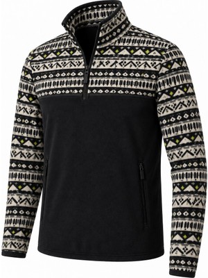Ghassy Co. Erkek Etnik Desenli 1/4 Zip Yarım Fermuarlı Cepli Polar Outdoor Günlük Kullanım