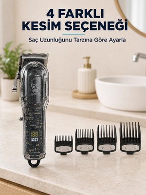 Astraltech Saç Kesme ve Tıraş Makinesi 4 Kılavuz Taraklı Ayarlanabilir Bıçaklı LCD Ekranlı Şarj Edilebilir Profesyonel Tasarım