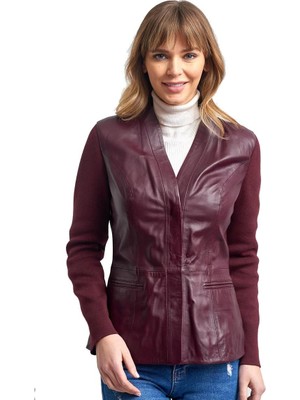 Pierre Cardin Kadın Bordo Çift Cepli Örme Kol Deri Ceket