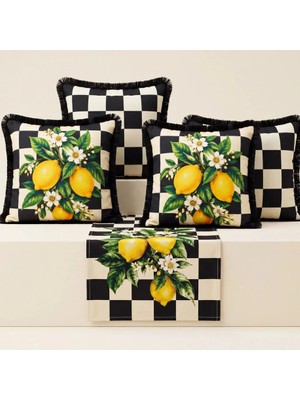 Sunum Luxe Damalı Limon Desenli Runner + 4’lü Kırlent Kılıfı Kombin Seti