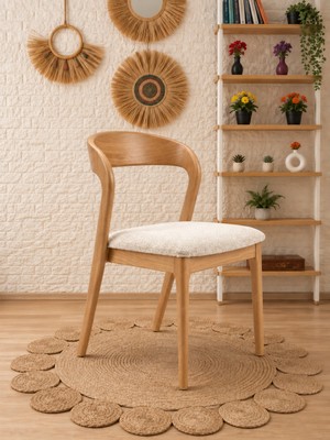 Silla Yılan Sandalye Teddy Krem Kumaş Naturel Ahşap Sandalye