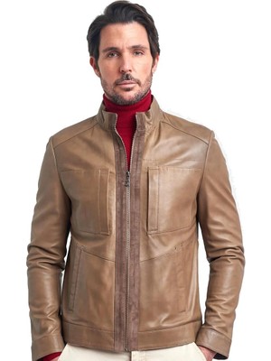 Pierre Cardin Erkek Bej Basic Cepli Deri Ceket