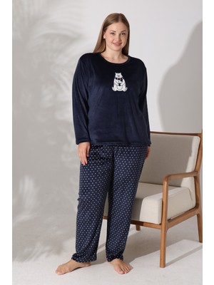 Estiva Kadın Ayıcık Desenli Lacivert Büyük Beden Kadife Pijama Takımı