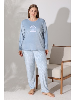 Estiva Kadın Ev Desenli Mavi Büyük Beden Kadife Pijama Takımı