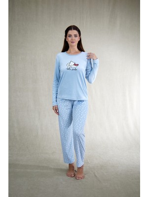 Estiva Kadın Ayıcık Desenli Mavi Kadife Pijama Takımı