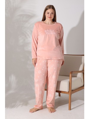 Estiva Kadın Kar Tanesi Desenli Somon Rengi Büyük Beden Kadife Pijama Takımı