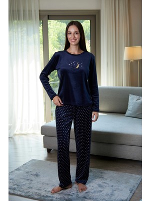 Estiva Kadın Gece Desenli Lacivert Kadife Pijama Takımı