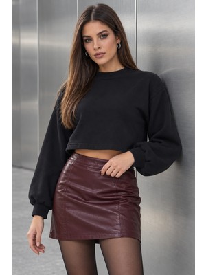 Quhox Kadın Siyah Bisiklet Yaka Balon Kol Crop Sweatshirt