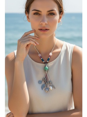 Moda Accessories Yeşil Boncuklu Yıldız Kanat Detaylı Uzun Kolye