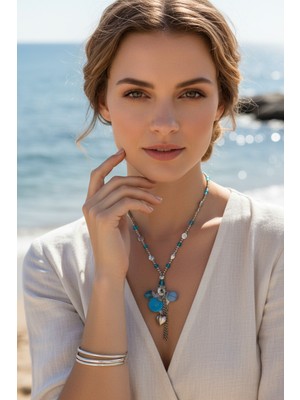 Moda Accessories Mavi Boncuk ve Kalp Figürlü Uzun Bayan Kolye