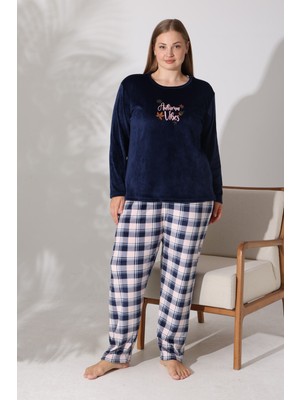 Estiva Kadın Kareli Lacivert Büyük Beden Kadife Pijama Takımı