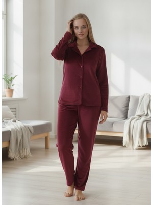 Estiva Kadın Önden Düğmeli Büyük Beden Kadife Pijama Takımı