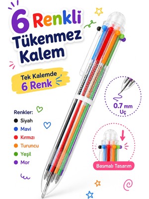 Telvesse 6 Renkli Basmalı Tükenmez Kalem Siyah Mavi Kırmızı Turuncu Yeşil Mor Çok Renkli Tükenmez Kalem P3515