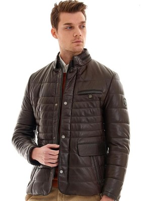 Pierre Cardin Erkek Kahverengi Hakim Yaka Spor Deri Ceket