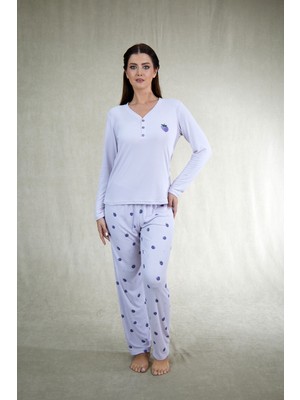 Estiva Kadın Frambuaz Desenli Lila Kaşkorse Pijama Takımı