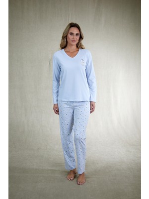 Estiva Kadın Penguen Desenli Mavi Penye Lycra Pijama Takımı