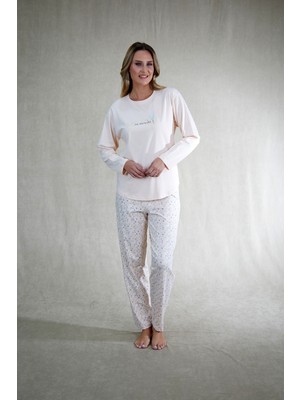 Estiva Kadın Çiçek Desenli Pudra Pembe Penye Lycra Pijama Takımı