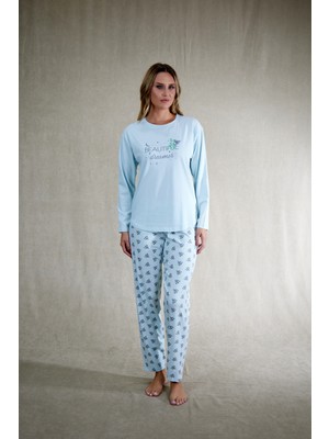 Estiva Kadın Koala Desenli Mavi Penye Lycra Pijama Takımı