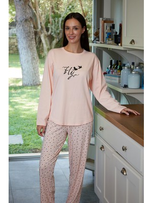 Estiva Kadın Kuş Desenli Somon Rengi Penye Lycra Pijama Takımı