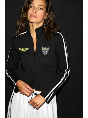 Grimelange Neolıne Kadın Arma ve Baskı Detaylı Kolları Şeritli Siyah Sweatshirt