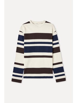 Mudo Erkek Lacivert Çizgili Loose Fit Bisiklet Yaka Kazak