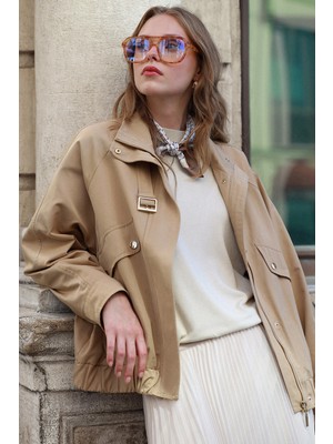 Zühre Oversize Dik Yaka Bomber Camel Trençkot 14271