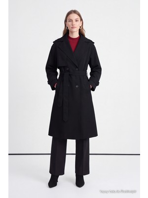 Zühre Çift Sıra Düğmeli Oversize Siyah Trençkot 14238