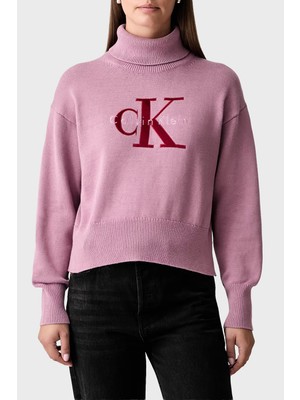 Calvin Klein Logolu % 100 Pamuk Balıkçı Yaka Kazak LV047H329GVCB Kadın Kazak LV047H329G Vcb