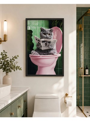 Reklamcın Gazete Okuyan Kedi Temalı Eğlenceli Dekoratif Banyo Duvar Tablosu