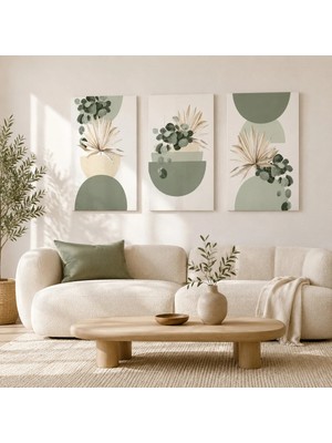 Reklamcın Symeryus Art Modern Yeşil Botanik Yaprak Desenli 3’lü Çerçevesiz Dekoratif Duvar Tablosu
