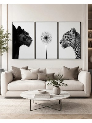 Reklamcın Siyah Beyaz Panter Leopar ve Karahindiba 3’lü Dekoratif Duvar Tablosu Seti