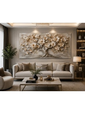 Reklamcın **kabartma Görünümlü Çiçekli Hayat Ağacı Kanvas Tablo | 3D Efektli Bej Gold Modern Salon Yatak Odası Ofis Duvar Dekoru**