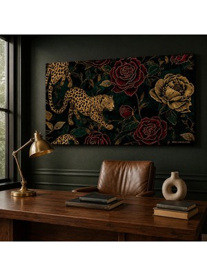 Reklamcın Gold Leopar ve Bordo Gül Desenli Kanvas Tablo – Yeşil Botanik Lüks Duvar Dekoru
