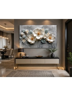 Reklamcın **kabartma Görünümlü Beyaz Çiçek Kanvas Tablo | 3D Efektli Gri Mermer Desenli Modern Salon Duvar Dekoru**