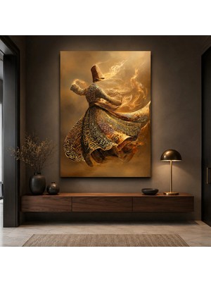Reklamcın Symeryus Art Altın Tonlu Semazen ve Hat Sanatı Desenli Çerçevesiz Dekoratif Duvar Tablosu