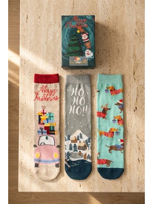 Bony Socks Unisex Yılbaşı Temalı 3'lü Kutulu Soket Çorap