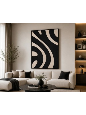 Reklamcın Siyah Krem Soyut Dalga Desenli Modern Dekoratif Duvar Tablosu