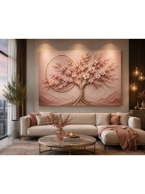 Reklamcın **kabartma Görünümlü Pembe Çiçekli Hayat Ağacı Kanvas Tablo | 3D Efektli Pudra Gold Modern Duvar Dekoru**