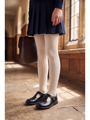 Bony Socks Kız Çocuk 20 Denye Örgü Desenli Külotlu Okul Çorabı Ekru