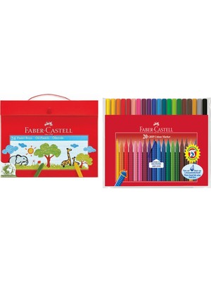 Faber Castell Ikili Paket 24 Renk Plastik Çantalı Pastel Boya ve 20 Renk Grip Keçeli Kalem