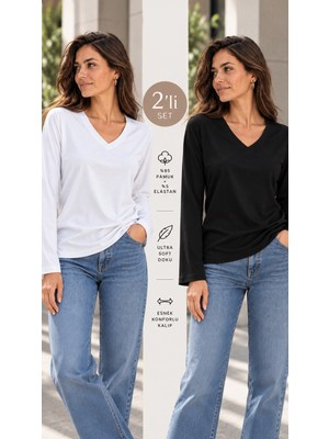 Hayalet Kadın V Yaka Uzun Kollu T-Shirt Ultra Soft Basic Bluz