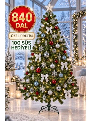 La Confiance 210 cm Yılbaşı Ağacı 840 Gür Dallı Noel Ağacı Yılbaşı Çam Ağacı 100 Süs ve Işık Hediyeli