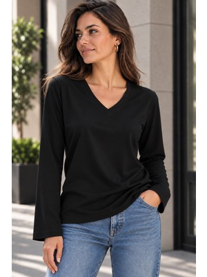 Hayalet Kadın V Yaka Uzun Kollu T-Shirt Ultra Soft Basic Bluz