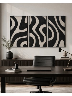Reklamcın Siyah Krem Soyut Dalga Desenli 3’lü Modern Dekoratif Duvar Tablosu Seti