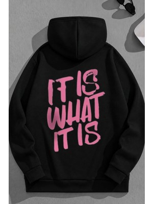 Kozz Style Unisex 3 Iplik Pamuklu Siyah Itıswhat Baskı Bol Kalıp Sweatshirt Hoodie