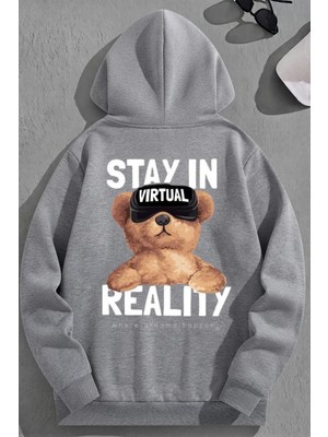 Kozz Style Unisex 3 Iplik Pamuklu Gri Stayın Baskı Bol Kalıp Sweatshirt Hoodie