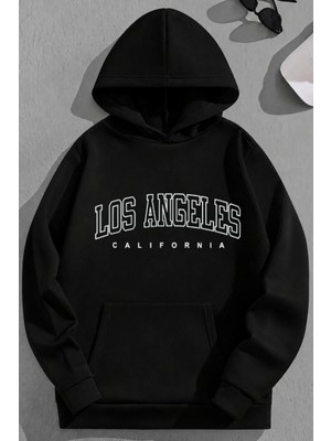 Kozz Style Unisex 3 Iplik Pamuklu Siyah Losangelesıcıbos Baskı Bol Kalıp Sweatshirt Hoodie