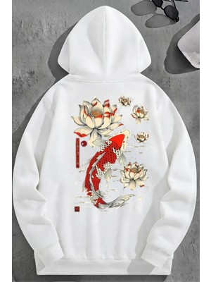 Kozz Style Unisex 3 Iplik Pamuklu Beyaz Koreafish Baskı Bol Kalıp Sweatshirt Hoodie